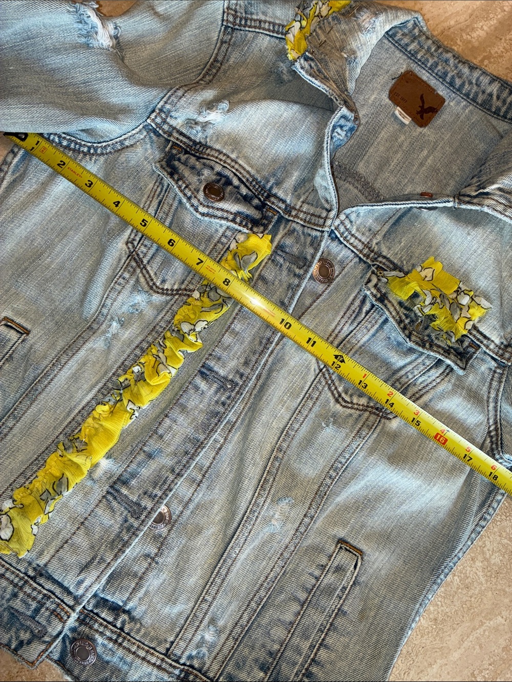Ragamuffin Couture: embellished Denim Jacket women's M, yellow Floral ruffles - Picture 15 of 17